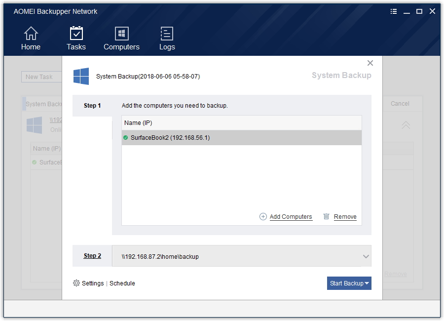 「AOMEI Backupper Standard」がインストールされたクライアントPCを管理する［Computers］タブ。管理下（Controlled）に加えて、バックアップタスクをリモートで作成・実行する