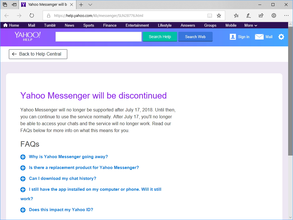 「Yahoo Messenger」が7月17日でサポート終了