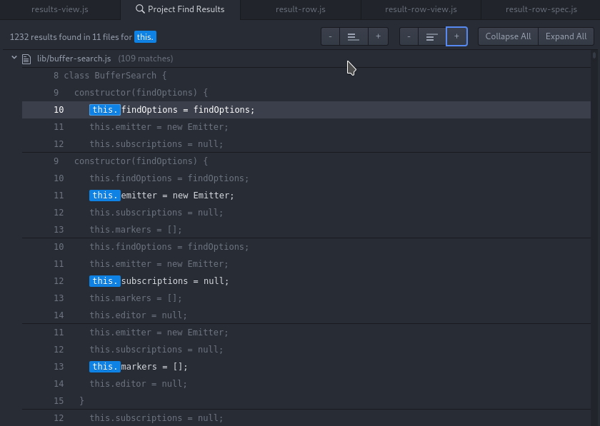 「Atom 1.28」以前のプロジェクト内検索の結果ビュー。10行目から14行目に連続してマッチがあるが、マッチの前後2行を表示する仕様のため同じ行が何度も表示される