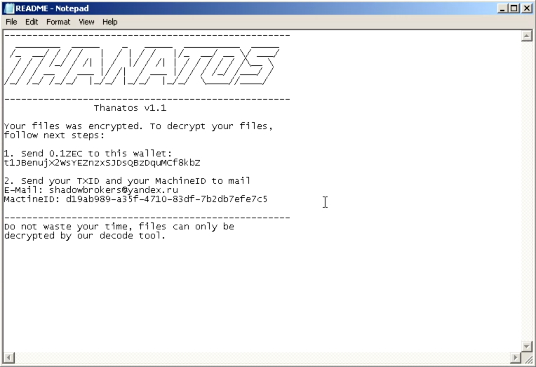 「Thanatos」による身代金要求メッセージ（Talos提供）