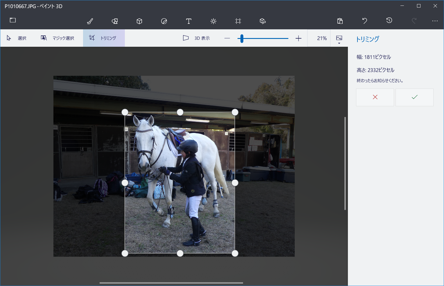 写真を表示後、［トリミング］をクリック。上下左右の［●］をドラッグすることでトリミングできる
