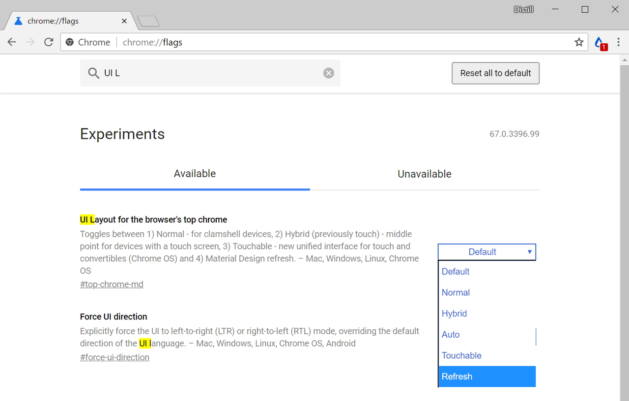 「Google Chrome 67」で“Refresh”オプションを指定。タブ部分は従来のデザインのまま