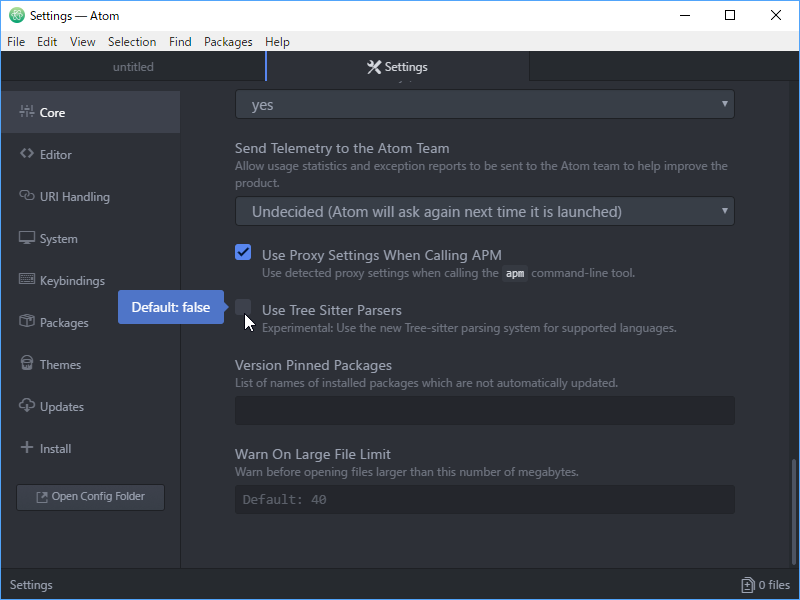 「tree-sitter」は［File］－［Settings］画面の［Core］タブから有効化できる