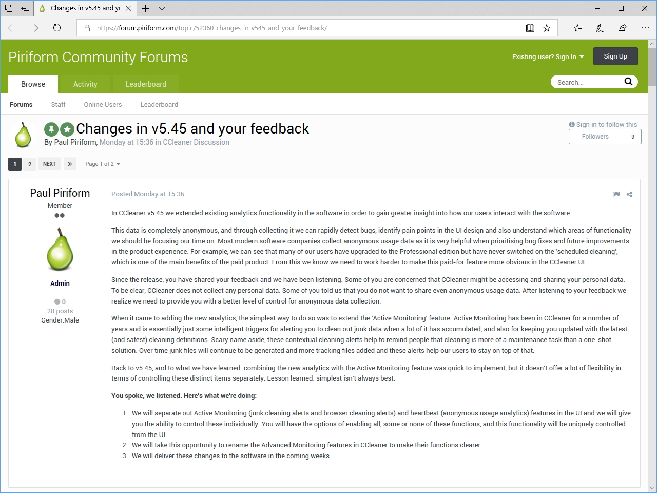 「CCleaner」の公式フォーラム