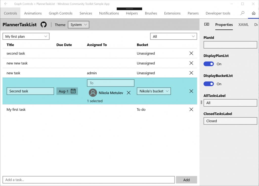 「PlannerTaskList」コントロール