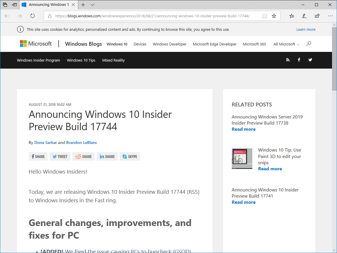 Microsoft、「Windows 10 RS5」Build 17744を“Fast”リングにリリース