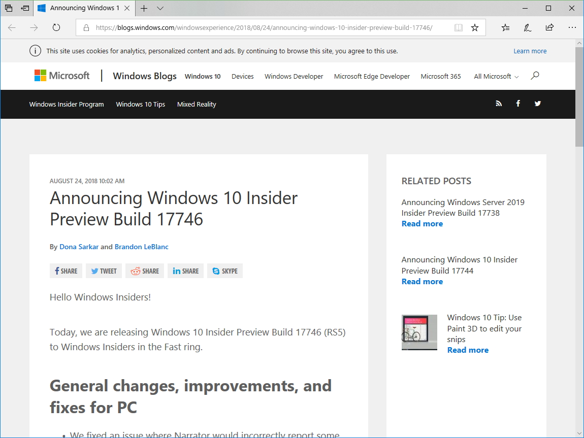 PC版「Windows 10 Insider Preview」Build 17746
