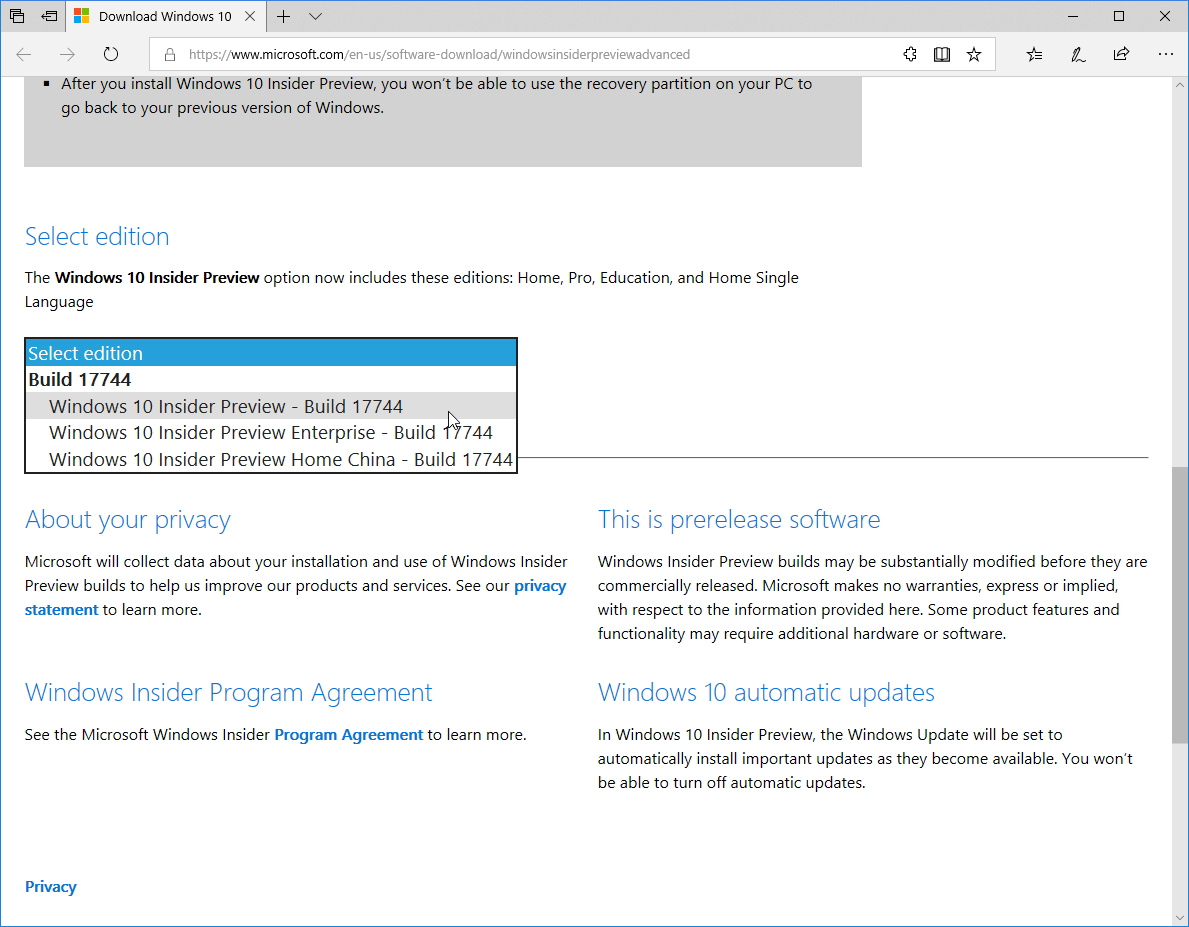 PC版「Windows 10 Insider Preview」Build 17744（RS5）のISOイメージファイル
