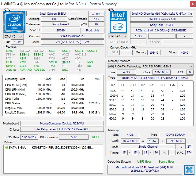 今回評価に使用したMousePro-NB391Cは、シリーズではもっともベーシックモデルで、CPUはCeleron 3865。内部構造は第7世代Coreプロセッサ（Kaby Lake-U）と共通だ