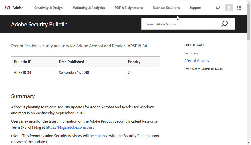 Adobeのセキュリティ情報ページ