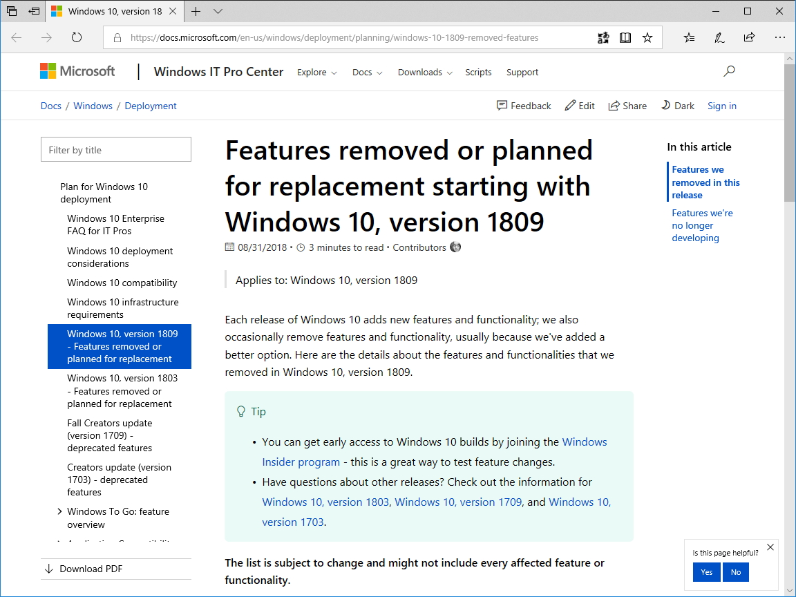 「Windows 10 October 2018 Update」（バージョン1809）以降、削除または新機能で置き換えられる予定の機能
