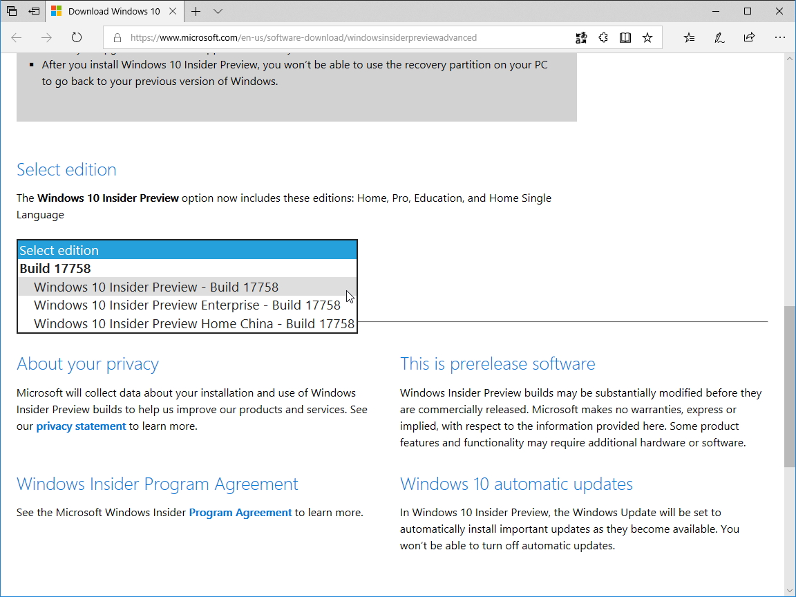 PC版「Windows 10 Insider Preview」Build 17758（RS5）のISOイメージファイル