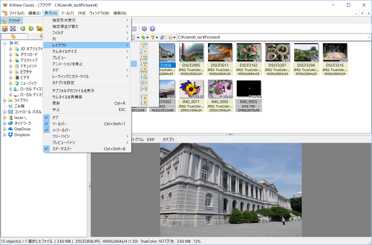 画面のレイアウトやサムネイルのサイズなどをカスタマイズできる。並べ替えやフィルターでの絞り込みも可能
