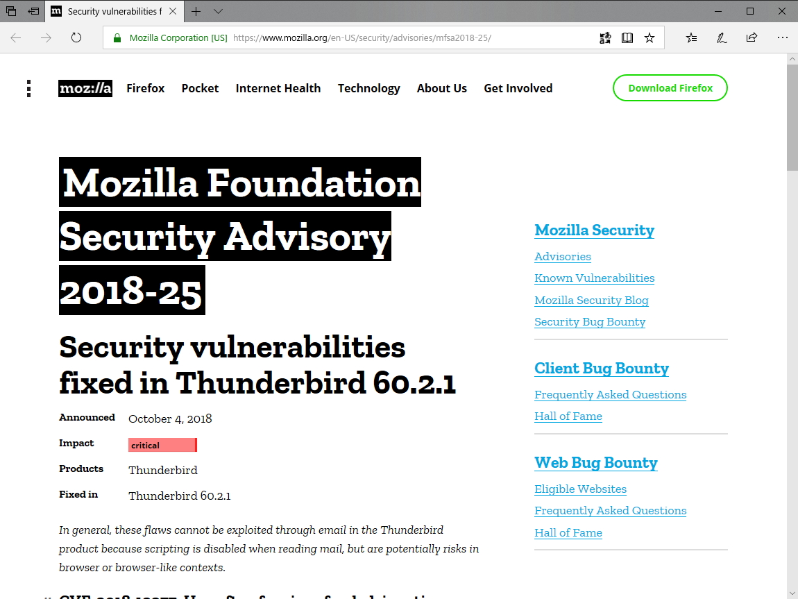 Mozilla Foundationが公開したセキュリティアドバイザリ（MFSA2018-25）