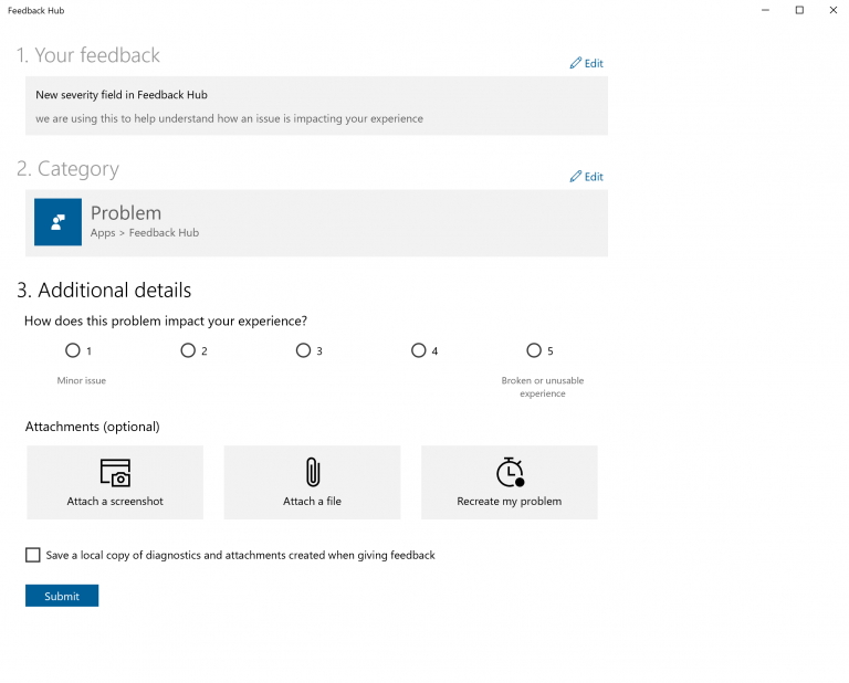 「フィードバック Hub」アプリを改善。問題の重大性を追加できる