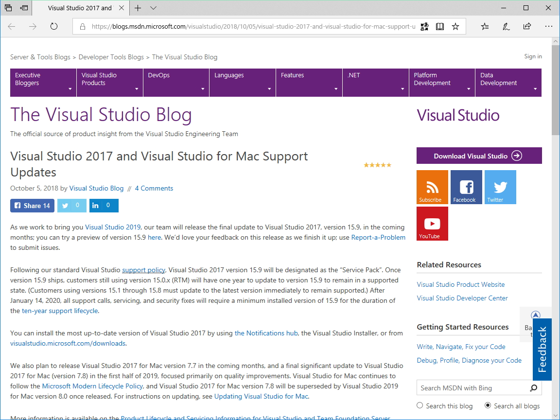 公式ブログ“The Visual Studio Blog”