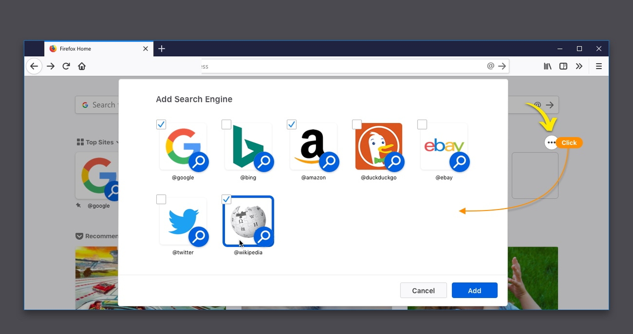 新しい検索ショートカットを“Firefox ホーム”に追加