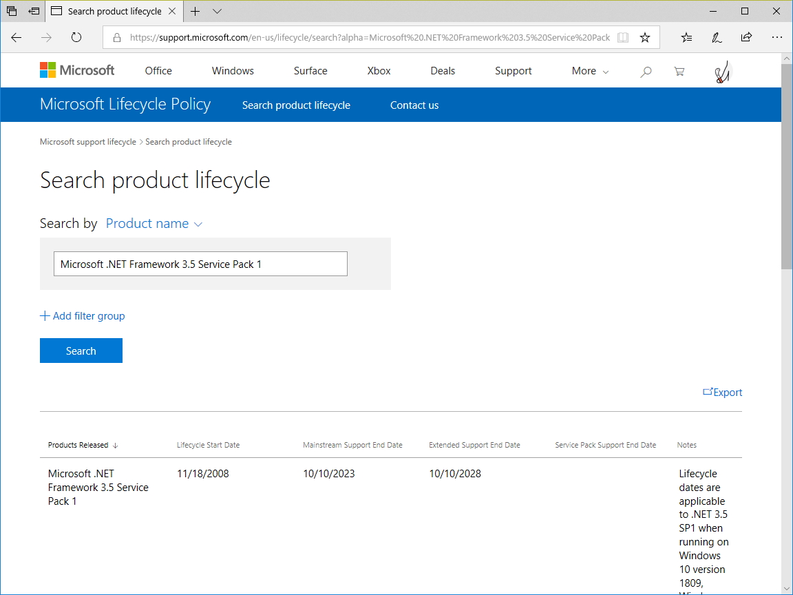 「.NET Framework 3.5 SP1」のサポート期間