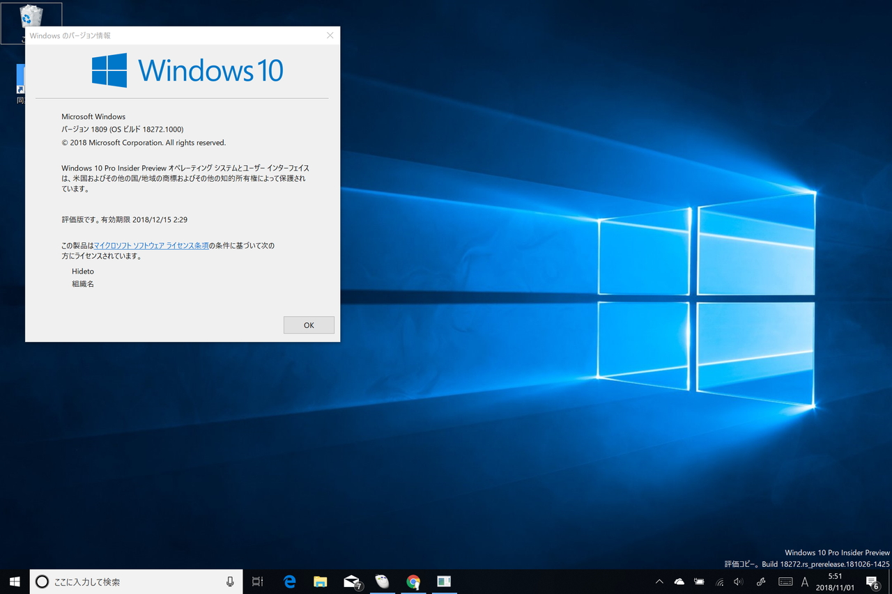 「Windows 10 Insider Preview」Build 18272（19H1）