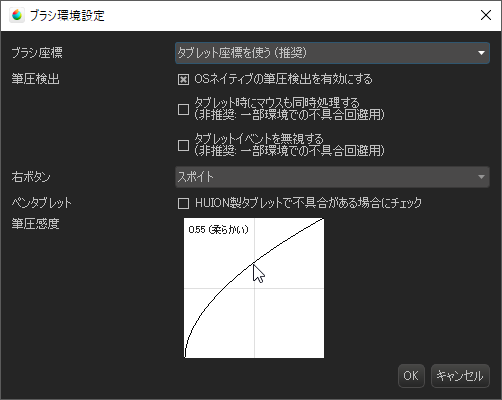 ［ブラシ環境設定］画面の［筆圧感度］グラフ