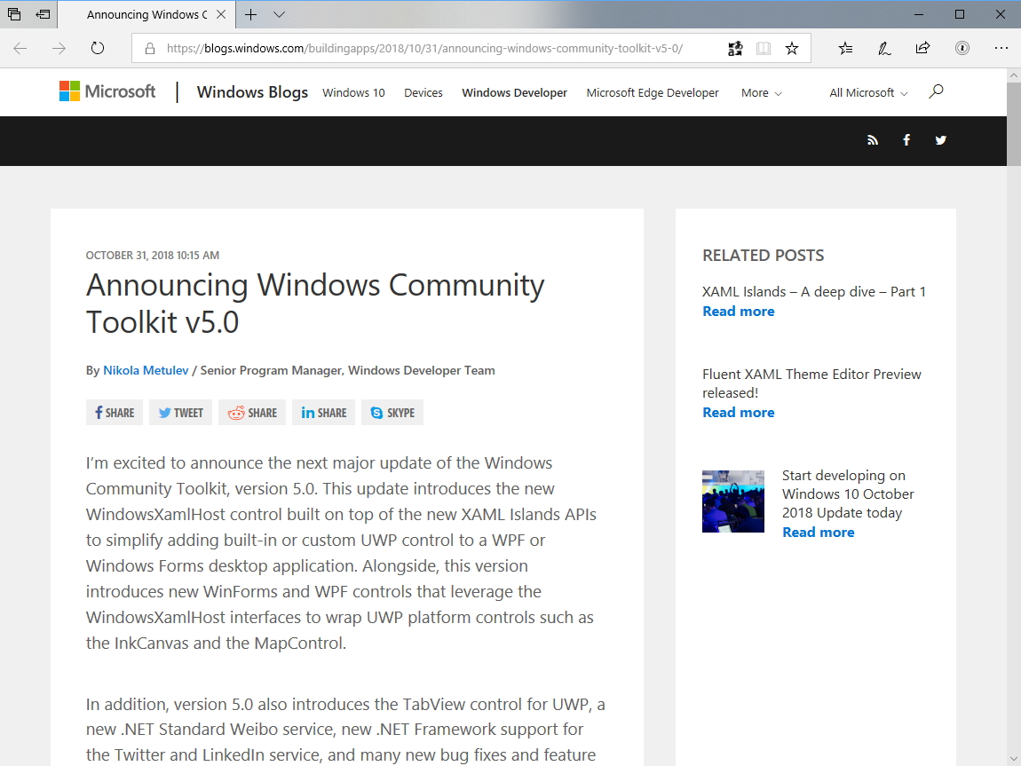 公式ブログ“Windows Developer Blog”におけるアナウンス