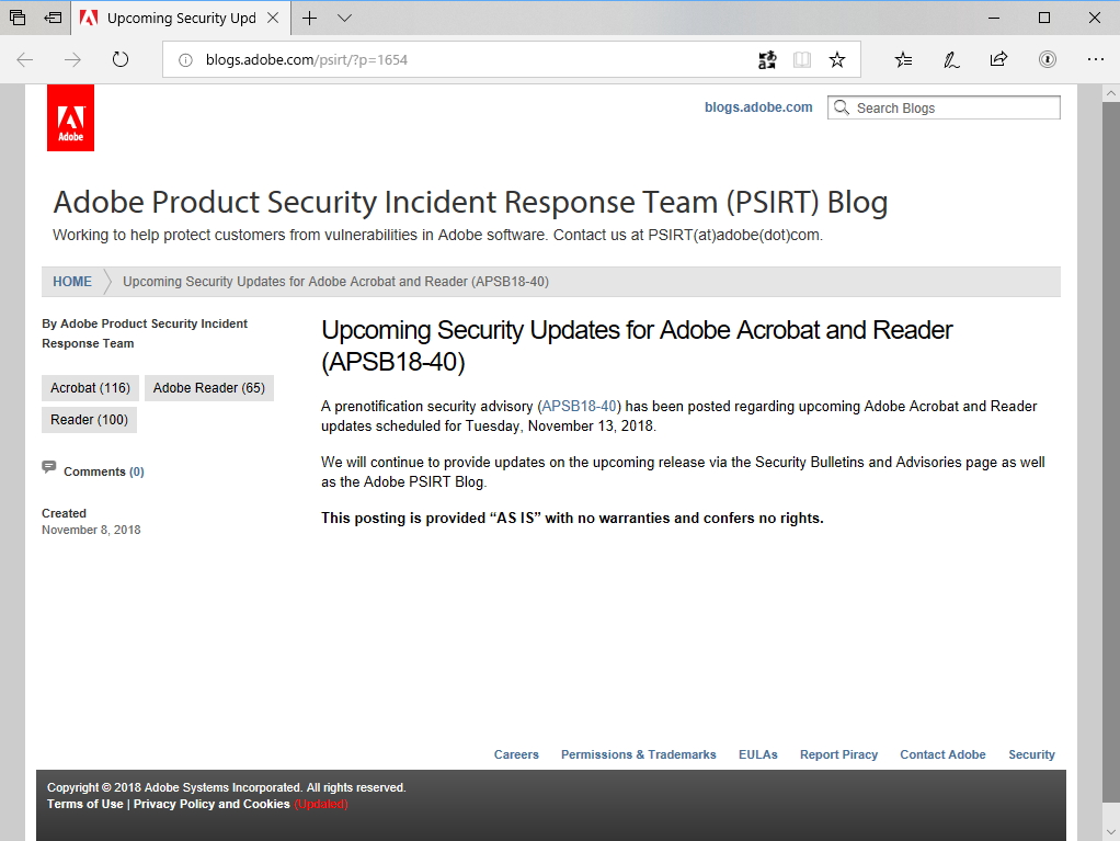 セキュリティアップデートを予告したブログ記事