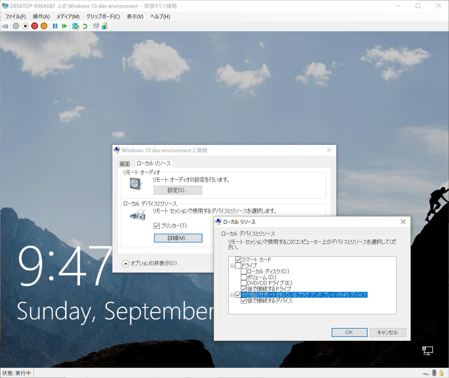 ［オプションの表示］をクリック後、［ローカルデバイスとリソース］の［詳細］をクリック。仮想マシンで扱うリソースを選択できる