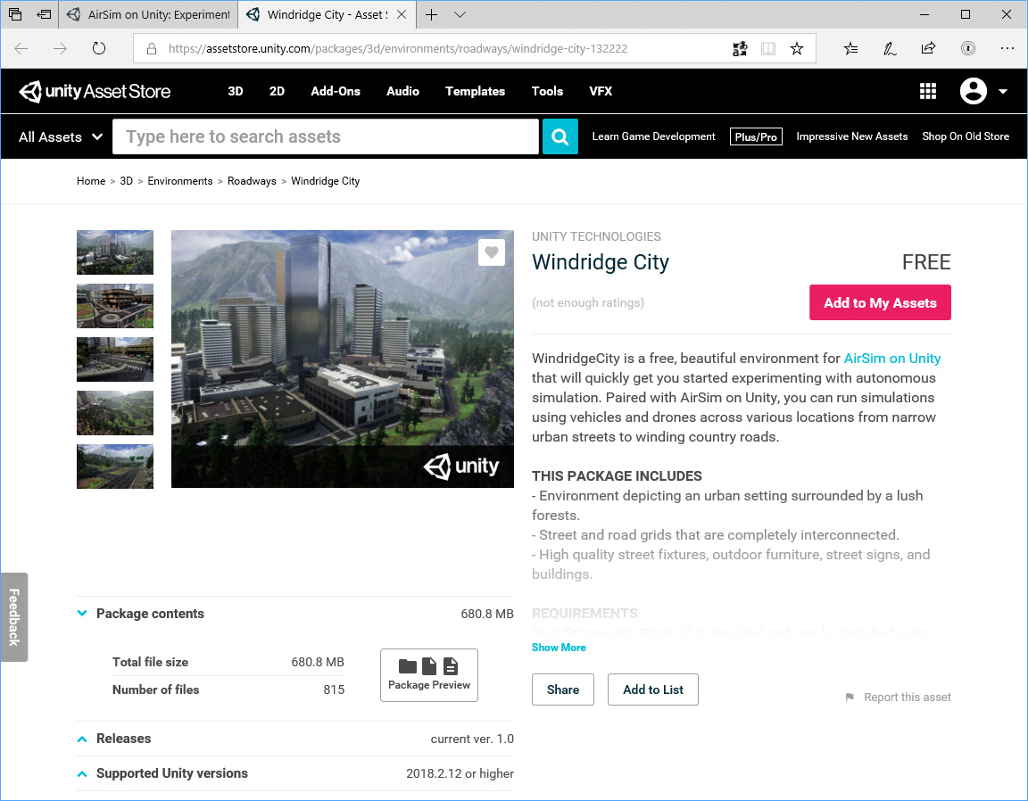 「AirSim on Unity」を手軽に体験できる無償アセット「Windridge City」