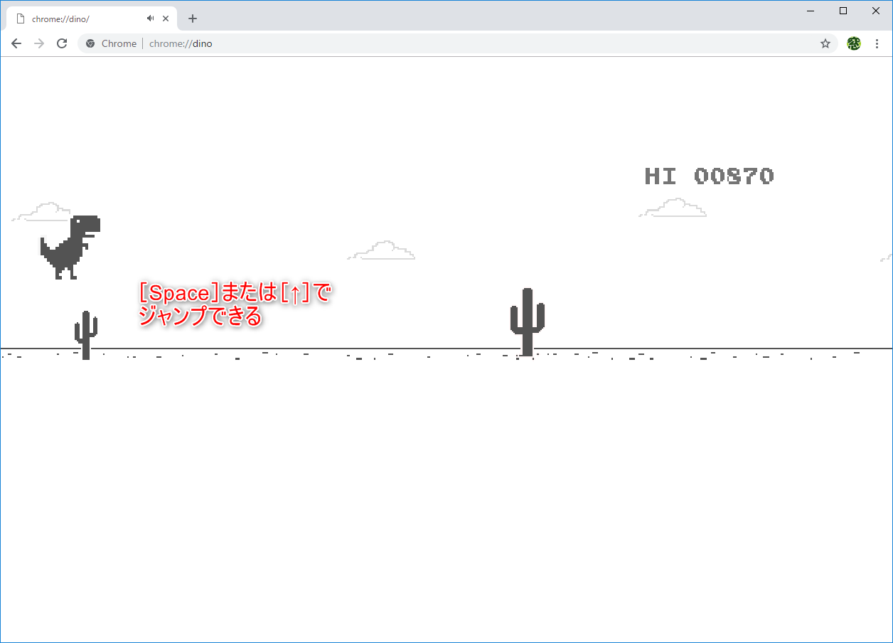 左右の動きは不可。恐竜はジャンプとかがむことしかできない。［Space］キーまたは［↑］キーでジャンプできる