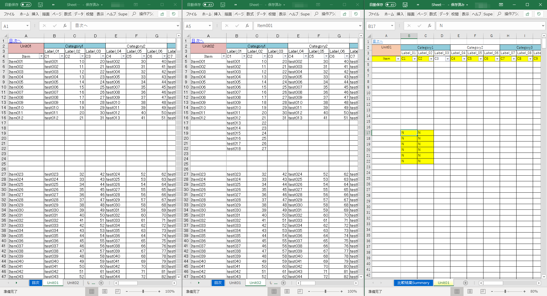 比較元、比較先、比較結果を並べた例