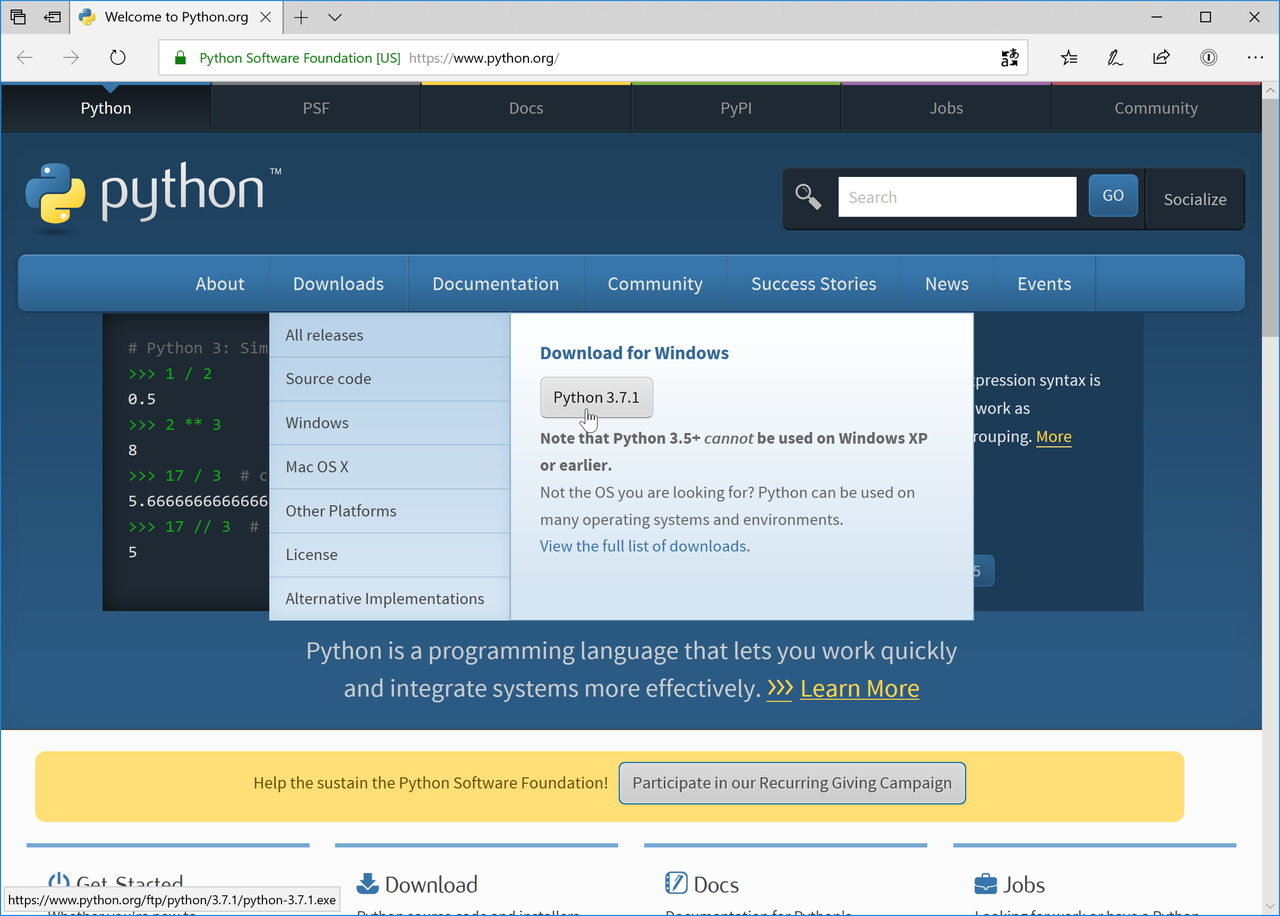 「Python」の公式サイトからインストーラーをダウンロード