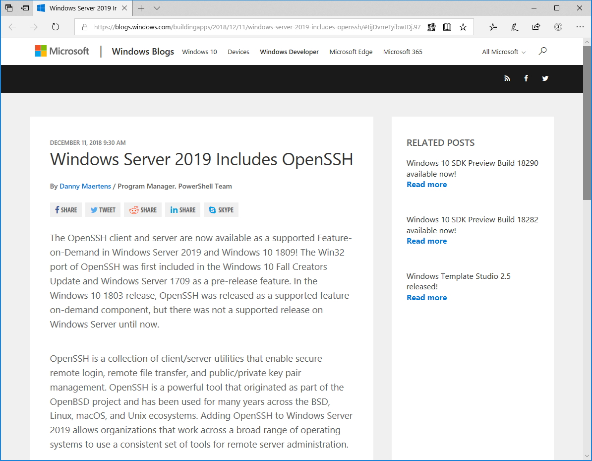 公式ブログ“Windows Developer Blog”におけるアナウンス