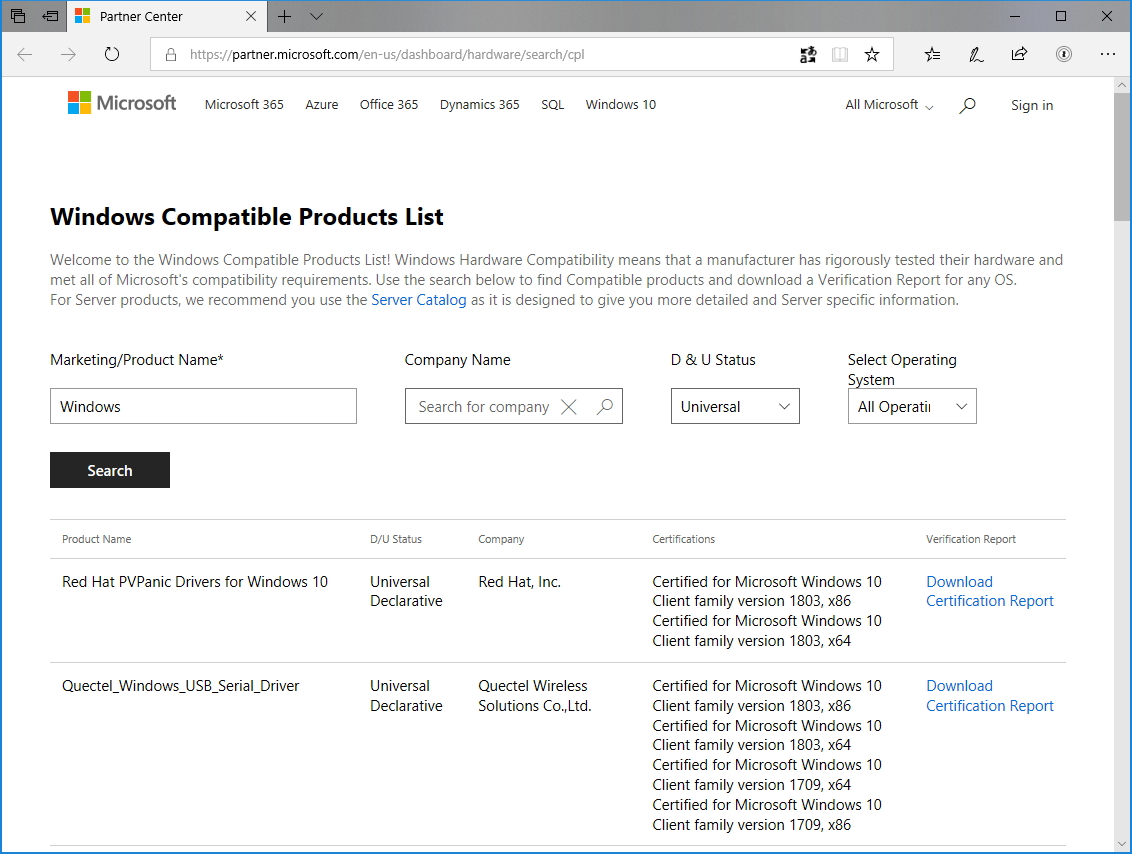 “Windows Compatible Product List”