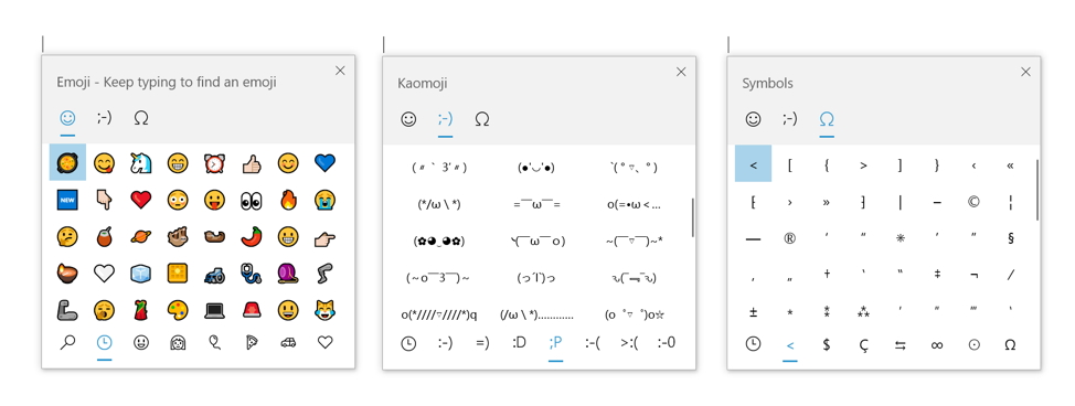 「Windows 10 Insider Preview」Build 18305の絵文字パネルは、絵文字・顔文字・記号の3セクションを切り替えできる