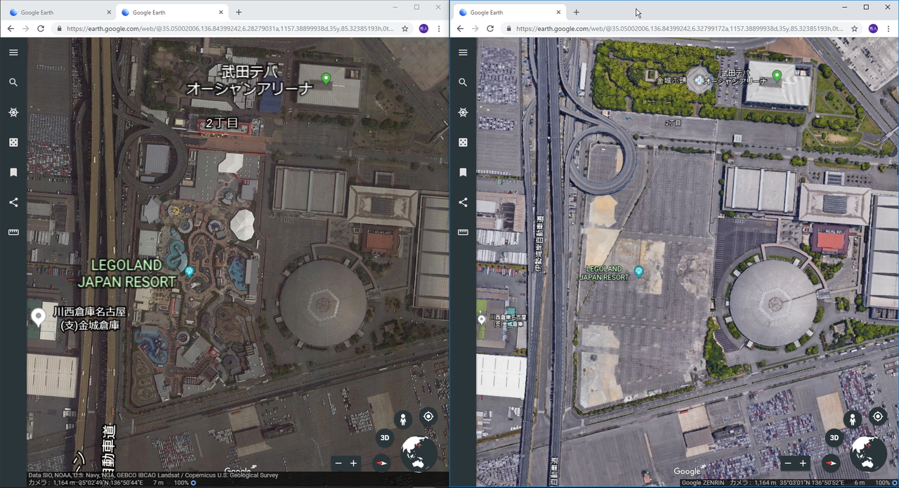 3Dレイヤー（建物の3D表示）をOFFにしたときの“レゴランド”（左）とONにした“レゴランド”（右）