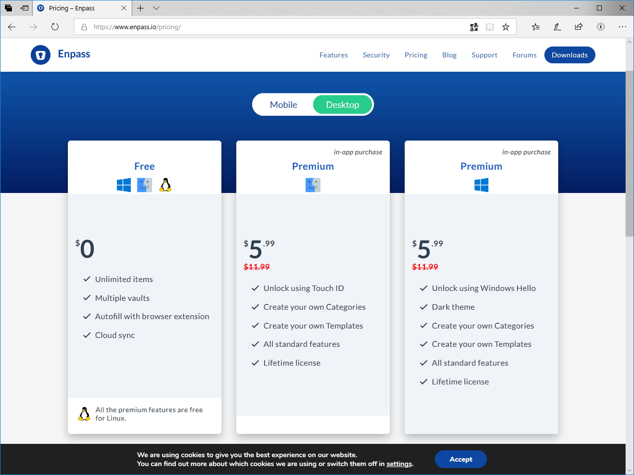 デスクトップ向け「Enpass 6」の料金プラン。フリー版でも保存アイテム数に制限はない