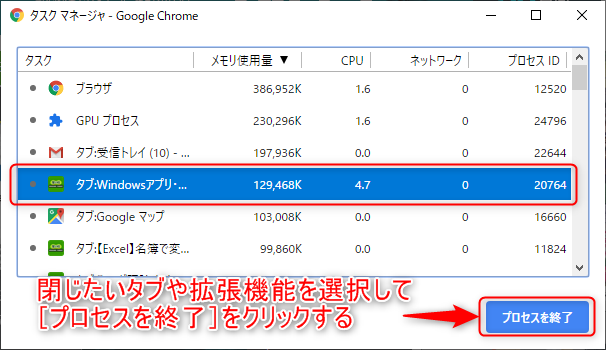 ［Shift］＋［ESC］キーを押して、Chromeの“タスクマネージャ”を起動する。タブや拡張機能を選択して、［プロセスを終了］ボタンをクリックする