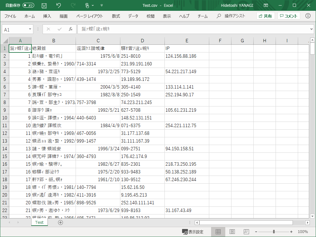 「Excel」で開けるCSVデータを開くと、データの誤解釈や文字化けが発生することがある（データはサンプル）