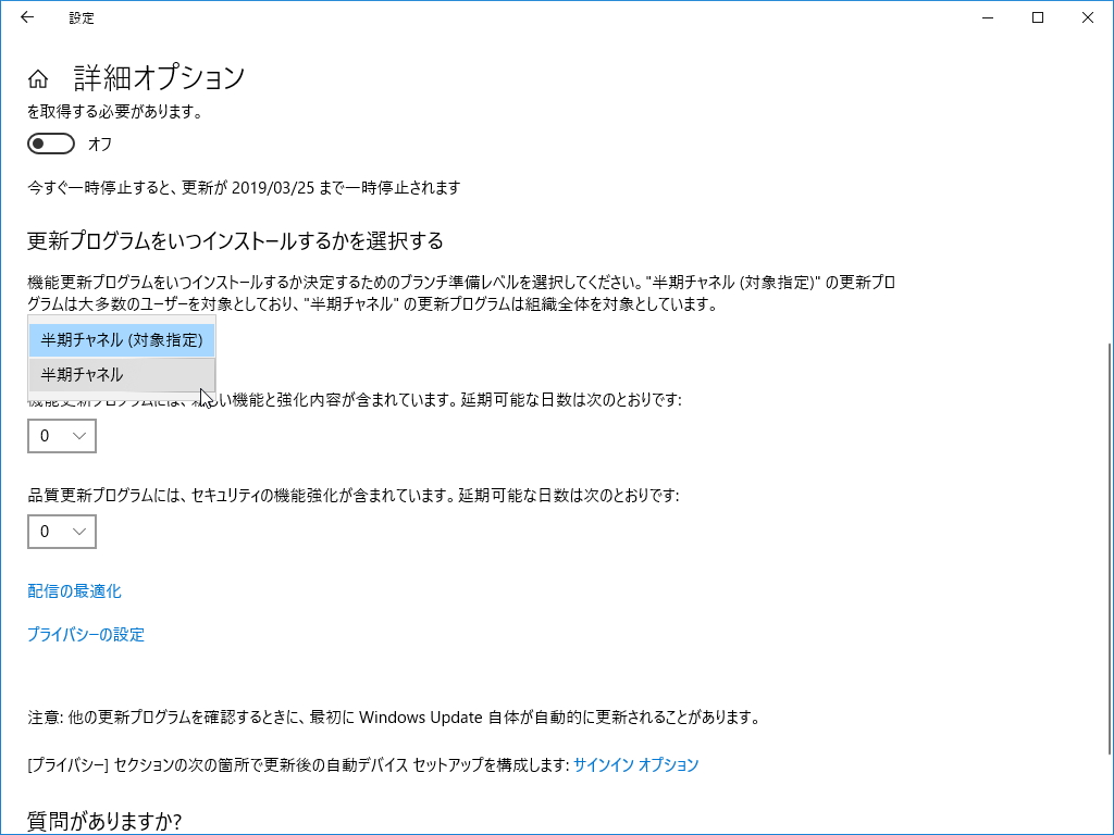 「Windows 10 バージョン 1809」における“Windows Update”の詳細オプション