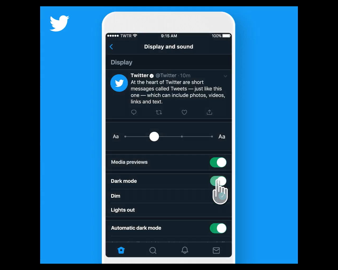 少し青みがかった“夜間モード”と、真っ黒の“夜間モード”の2つから好みの方を選択できる