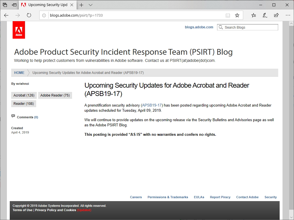 セキュリティアップデートを予告したブログ記事