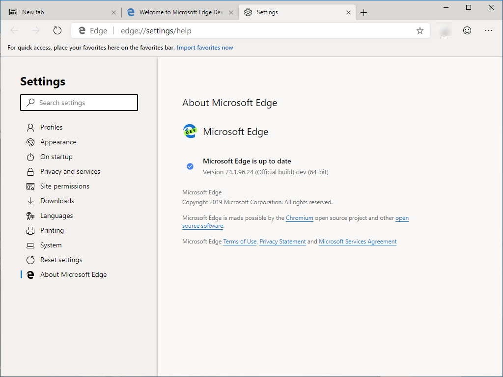 既定でダウンロードされる“Dev Channel”は「Google Chrome 74」相当のようだ（v74.1.96.24）