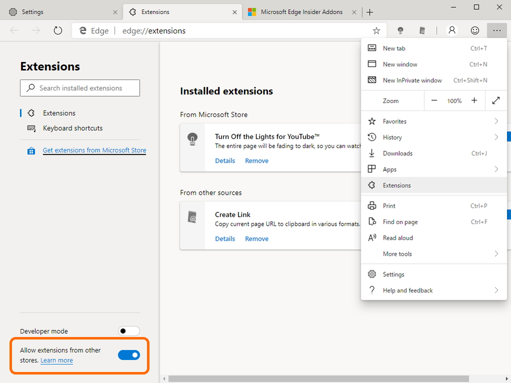 “edge://extensions/”画面
