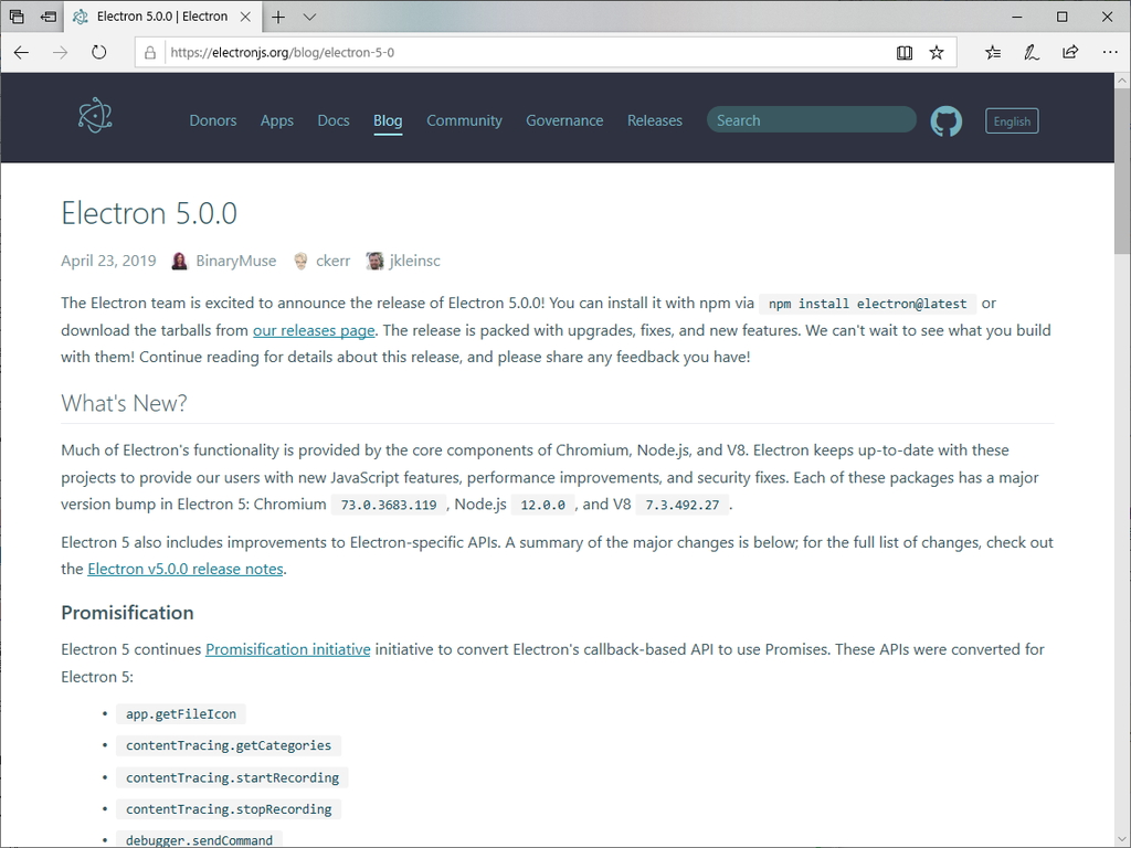 「Electron 5.0.0」がリリース