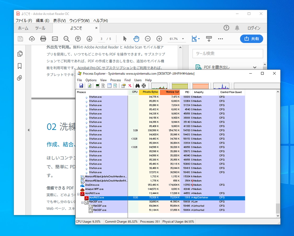 “AppContainer”で動作する「Acrobat Reader DC」。“CFG”も有効化されている