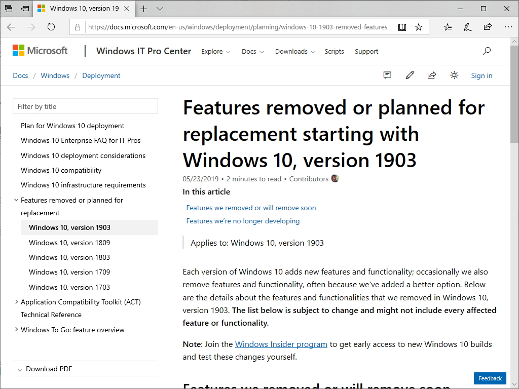 「May 2019 Update」で削除・置き換え予定の機能