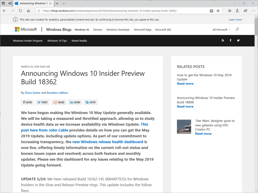 Microsoft、累積的更新プログラム「KB4497935」をリリース