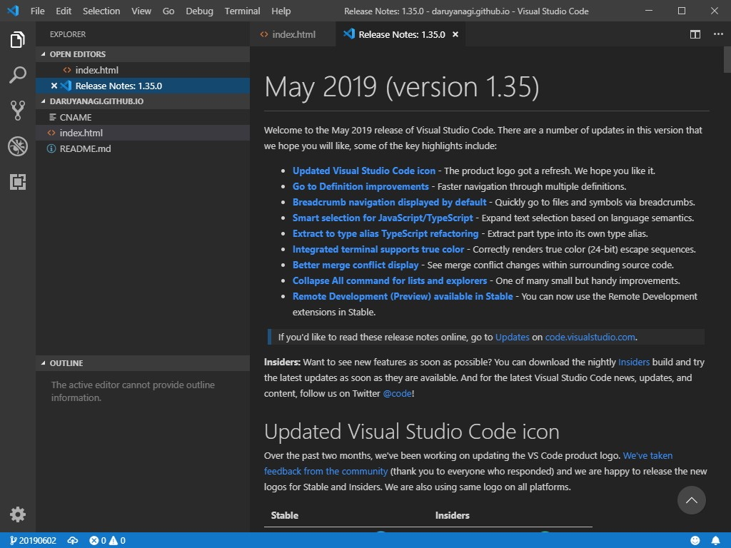 「Visual Studio Code」v1.35
