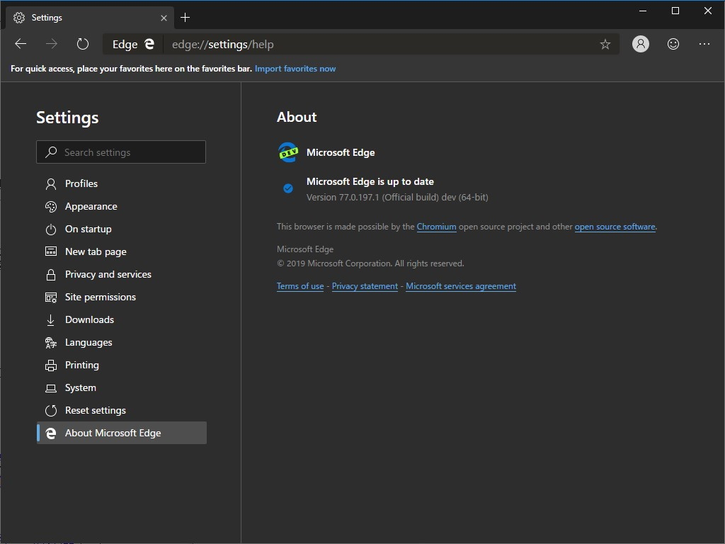 「Microsoft Edge」v77.0.197.1