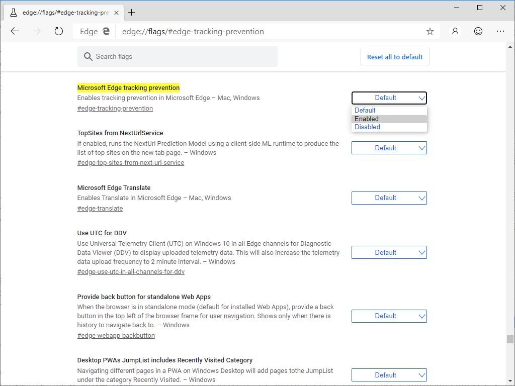 “edge://flags#edge-tracking-prevention”へアクセスしてフラグを有効化